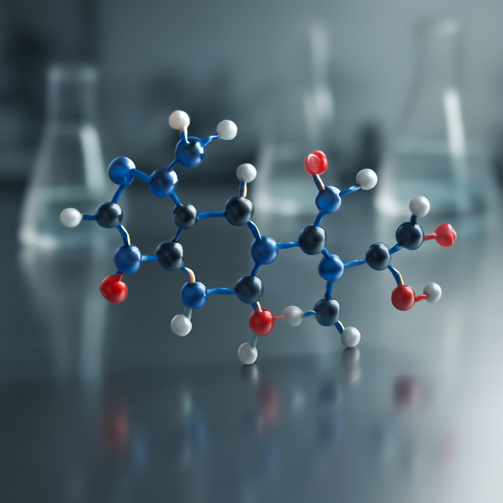3D-rendered peptide molecule in modern lab environment