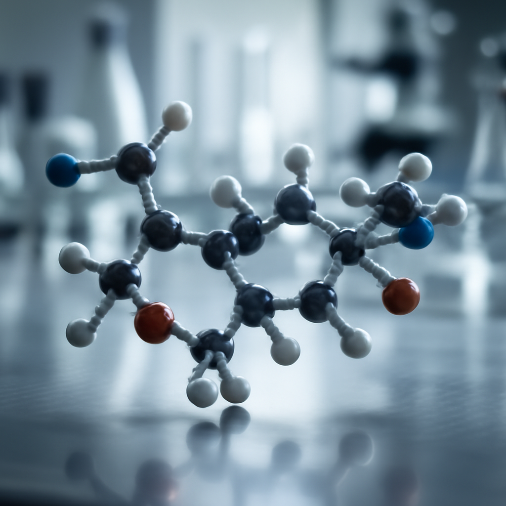 3D-rendered peptide molecule in modern lab environment