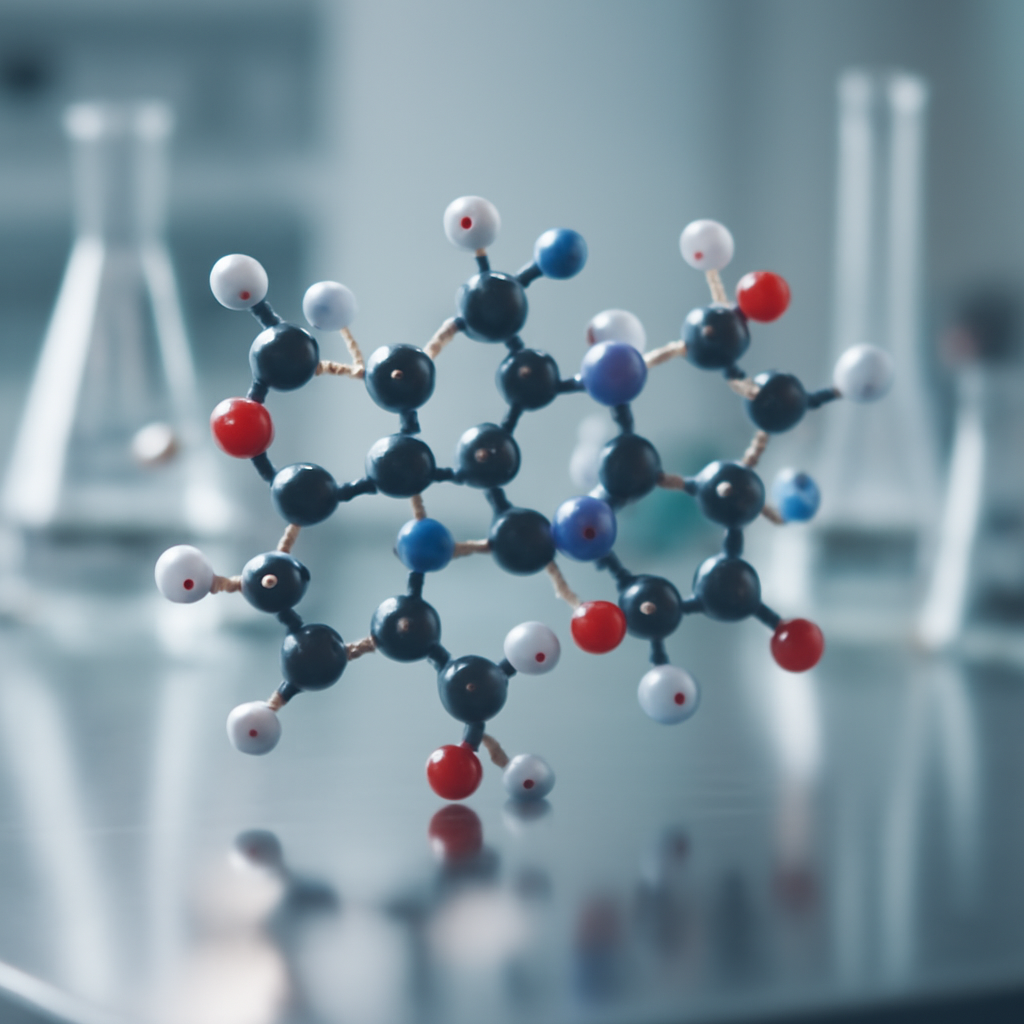 3D-rendered peptide molecule in modern lab environment