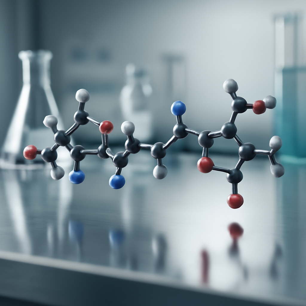 3D-rendered peptide molecule in modern lab environment