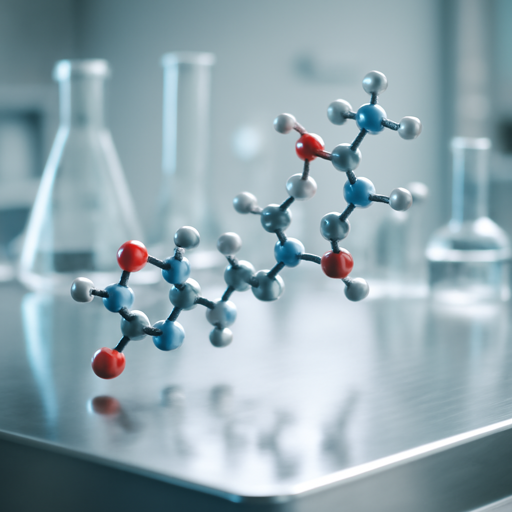3D-rendered peptide molecule in modern lab environment