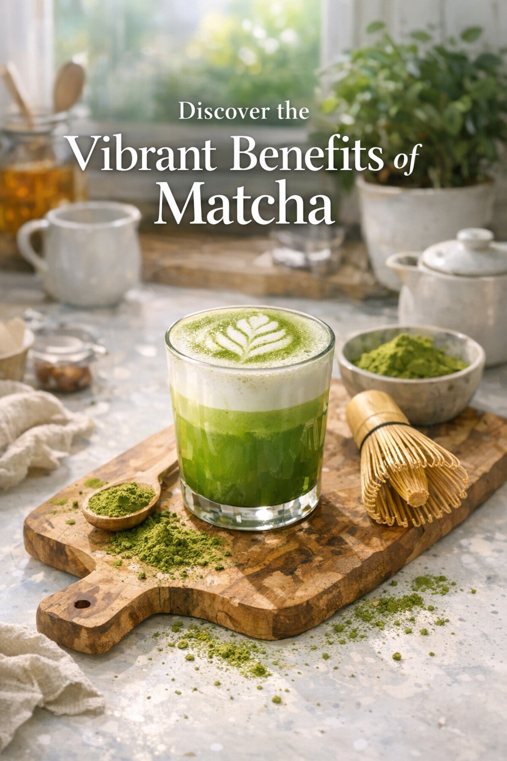 A natural kitchen setting with a finished matcha latte, surrounded by loose matcha powder and a whisk, showcasing SpiceBloom's organic matcha powder.