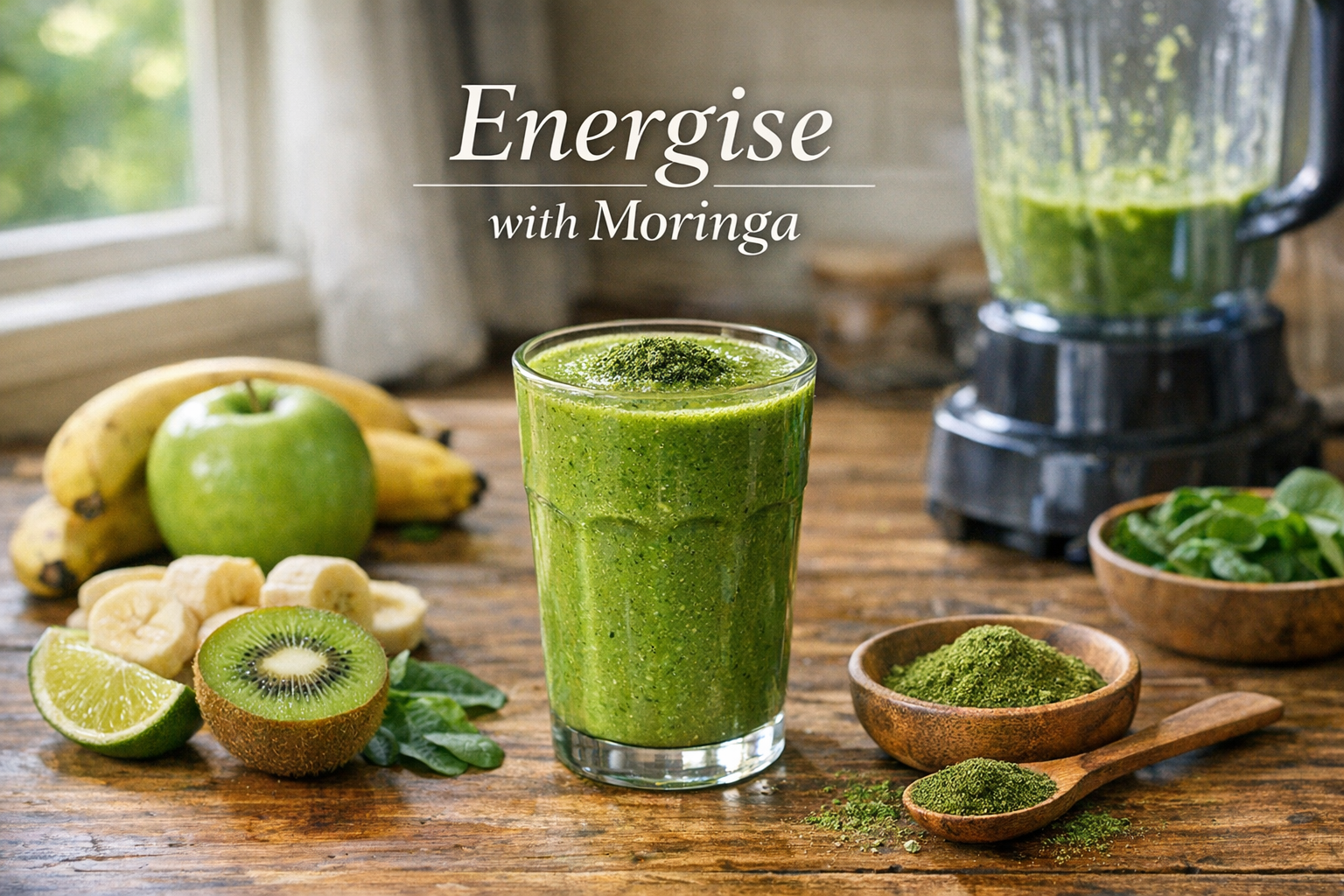 A vibrant green smoothie with a sprinkle of SpiceBloom organic moringa on a wooden table, surrounded by fresh fruits and a blender, capturing a natural Kiwi kitchen vibe.