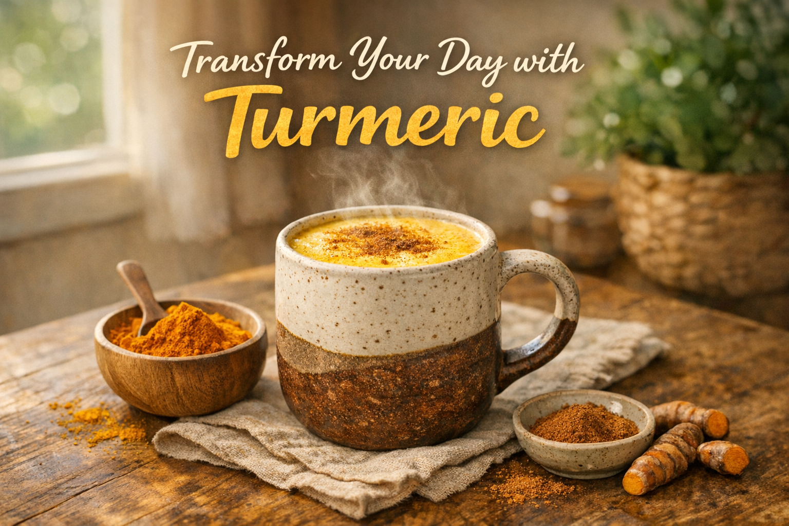 A cozy dining table scene featuring a golden latte made with SpiceBloom's organic turmeric powder, in a handcrafted ceramic mug with natural sunlight.