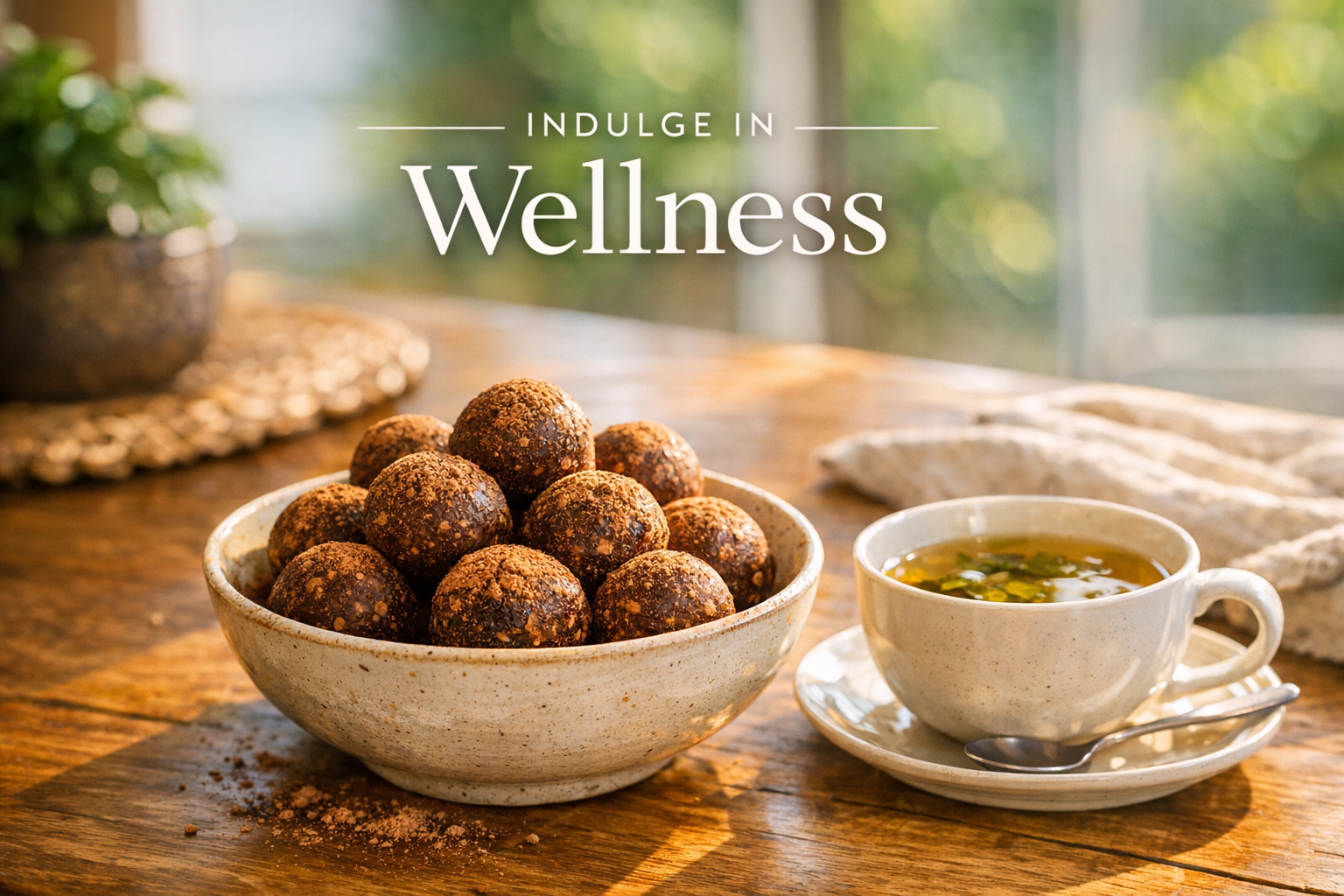 A warm, inviting image of cacao energy balls made with SpiceBloom Organic Raw Cacao Powder, resting on a wooden table with a cup of herbal tea, in natural New Zealand daylight.