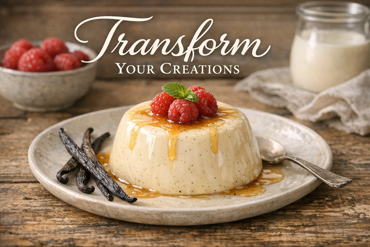 A beautifully set kitchen table with a dish of vanilla-infused panna cotta, accented by organic Madagascar vanilla beans, showcasing the culinary potential of SpiceBloom's premium ingredients.