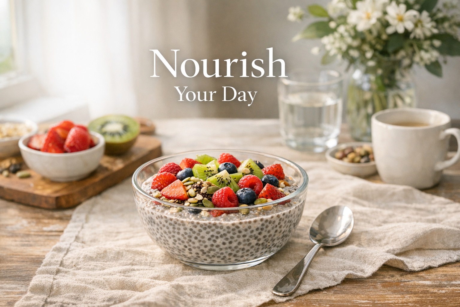 A vibrant chia seed pudding topped with fresh fruits on a New Zealand dining table, showcasing SpiceBloom's organic black chia seeds in a natural kitchen setting.