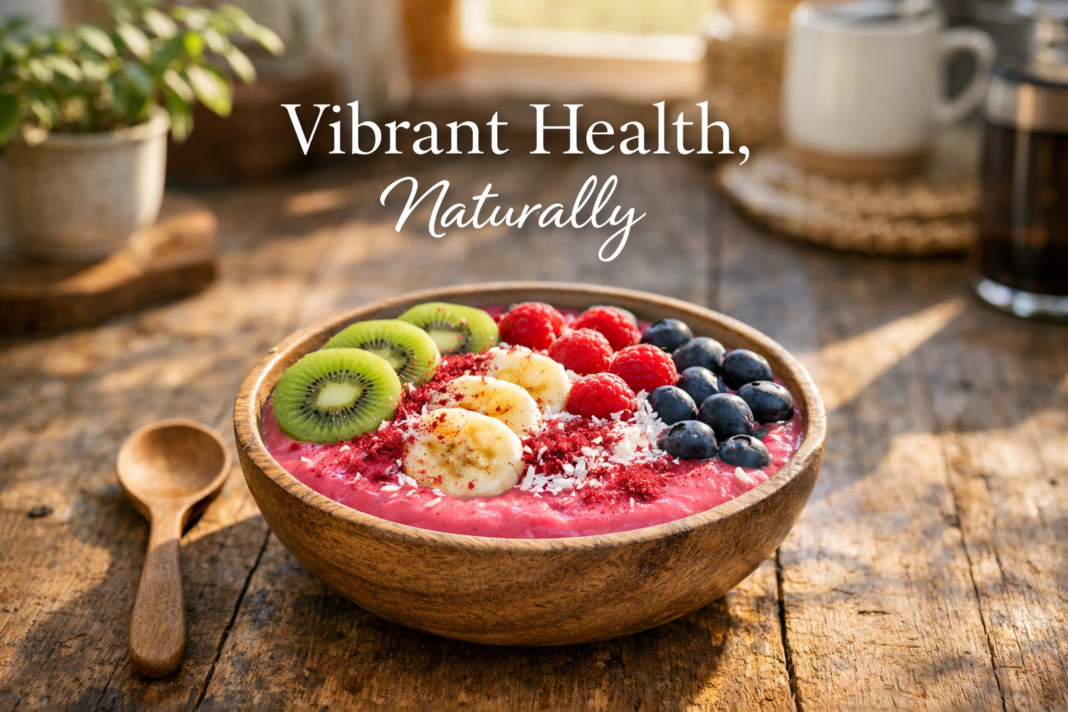 A vibrant smoothie bowl topped with fruits and Premium Beetroot Powder on a rustic wooden table in a sunlit Kiwi kitchen, featuring SpiceBloom's organic ingredients for energy and vitality.