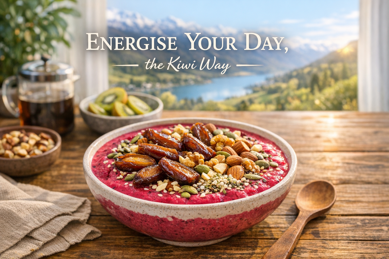 A delicious, colourful smoothie bowl topped with organic pitted dates, nuts, and seeds, set in a sunlit New Zealand kitchen, featuring SpiceBloom's natural superfood ingredients.