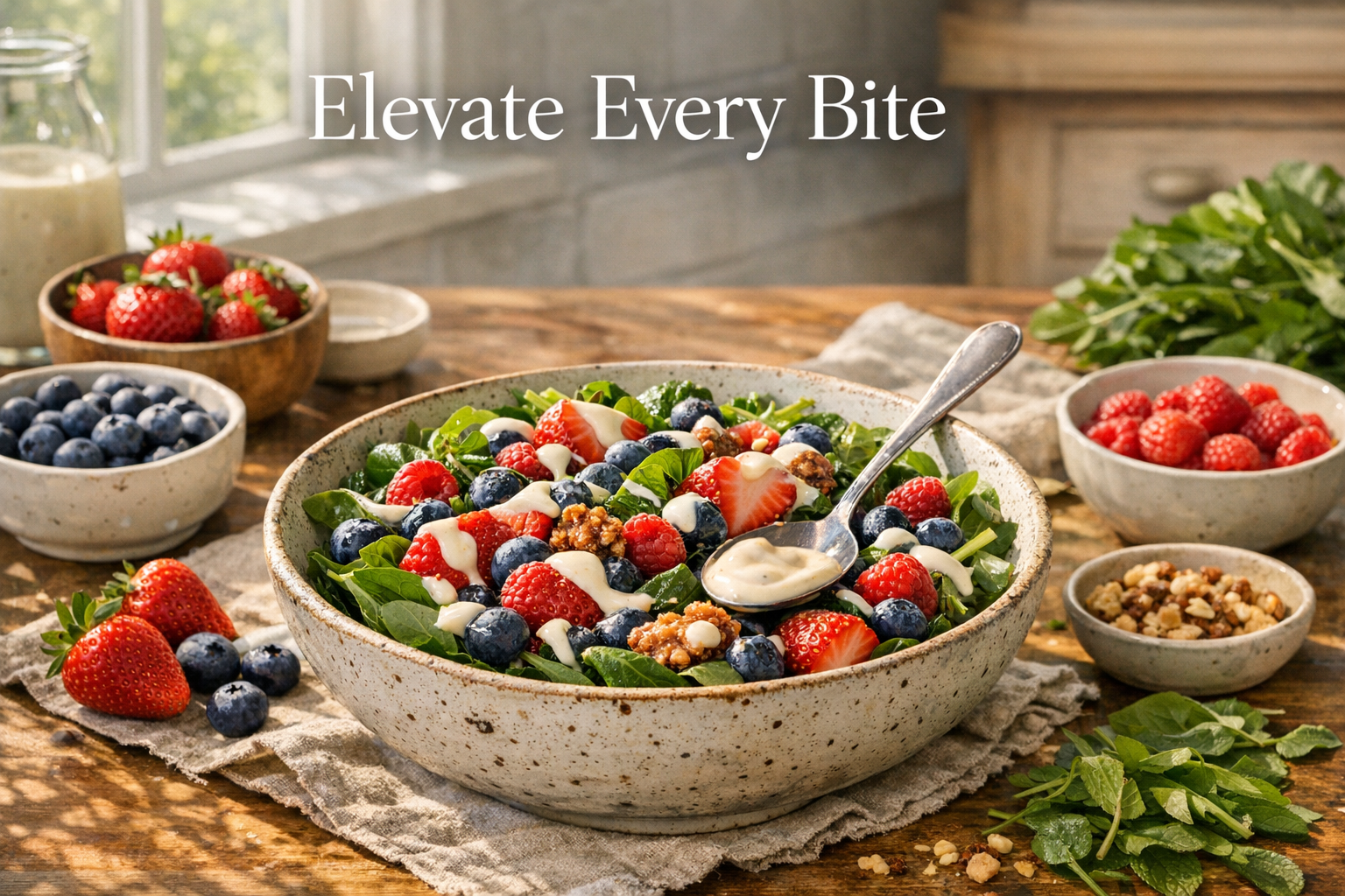 A beautifully composed kitchen scene featuring a salad with creamy vanilla dressing made with SpiceBloom's Organic Vanilla Powder. The setting includes fresh ingredients like berries and greens, with natural sunlight enhancing the vibrant colours.