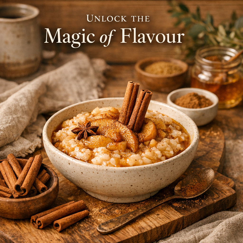 A natural kitchen scene featuring a delicious dessert made with SpiceBloom's Organic Ceylon Cinnamon Quills, capturing the essence of flavour and wellness.