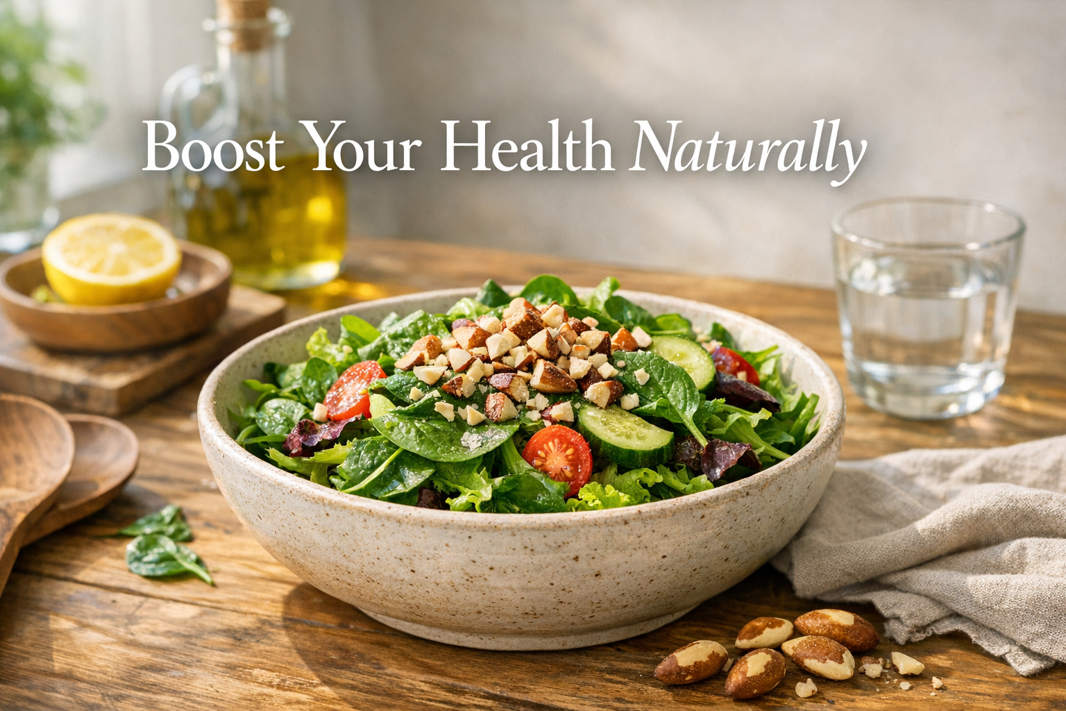 A fresh green salad with chopped organic Brazil nuts in a ceramic bowl on a Kiwi dining table, showcasing SpiceBloom's organic Brazil nuts.