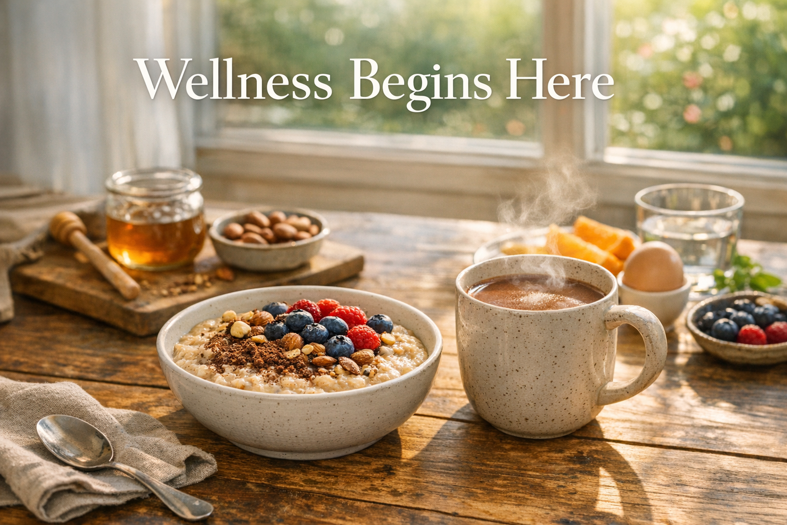 A cozy breakfast scene featuring SpiceBloom Organic Raw Cacao Powder sprinkled on porridge, with a steaming mug of hot cacao on a wooden table, illuminated by natural sunlight through a window.
