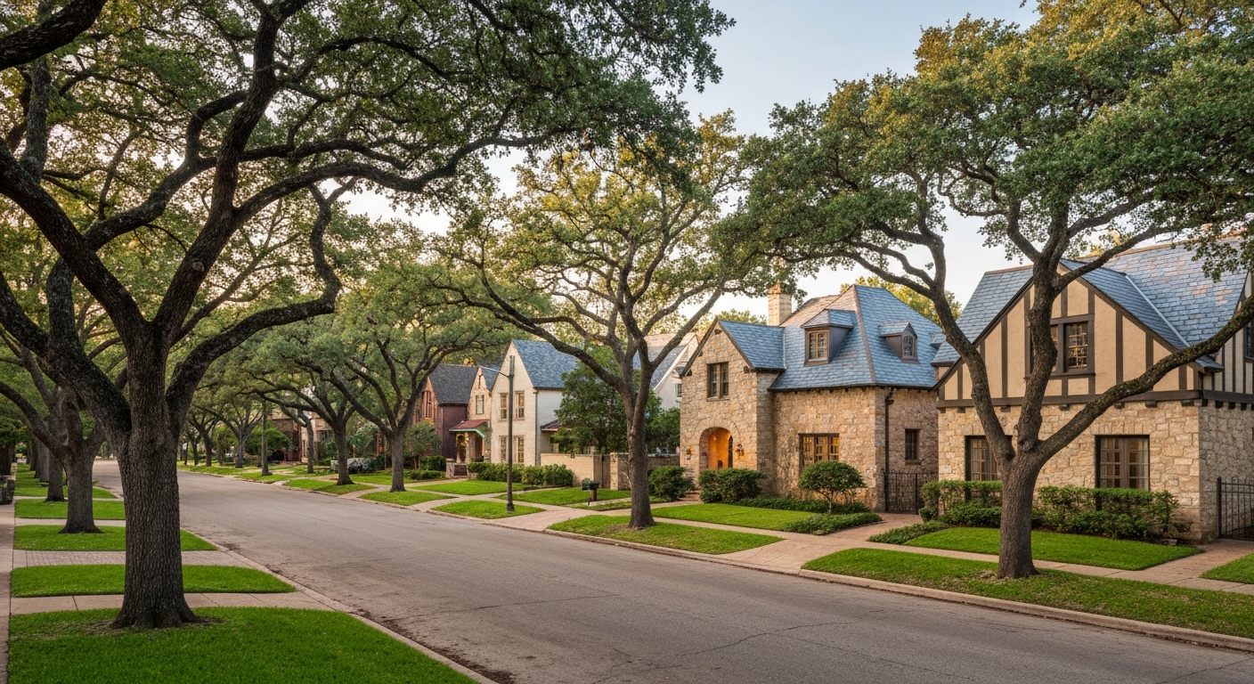 Tree-lined Alamo Heights residential street in 78209 San Antonio with restored Spanish revival and Tudor homes for VA buyers