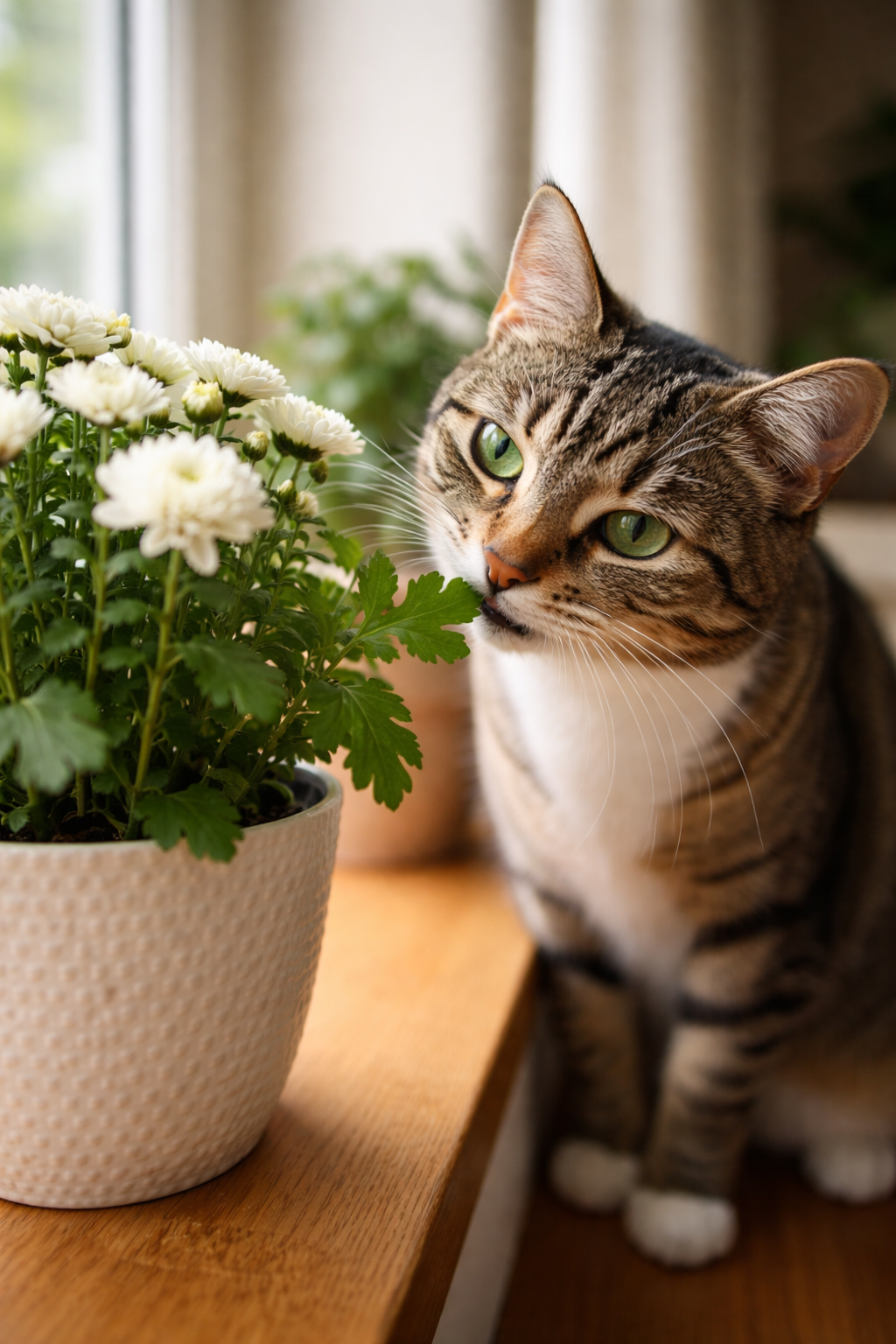 Eine neugierige Katze schnüffelt an einem Blatt einer Chrysanthemenpflanze auf einer Fensterbank, was die Gefahr aller Pflanzenteile verdeutlicht.