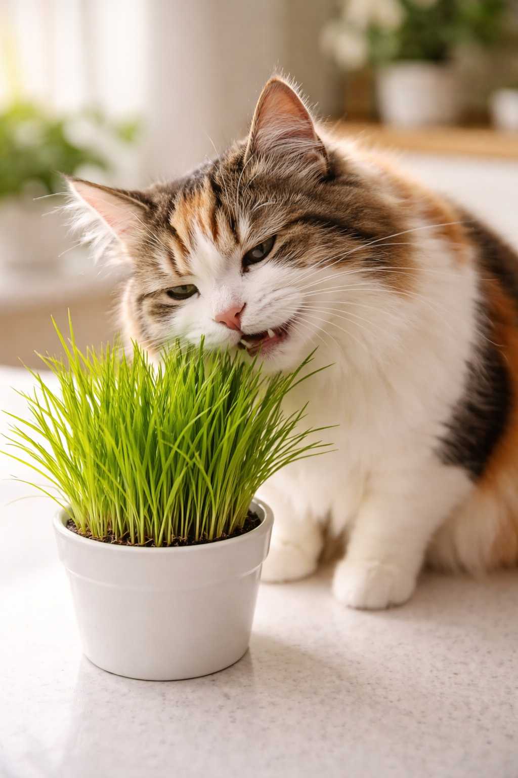 Eine zufriedene Katze frisst frisches Katzengras aus einem Topf auf einer Küchenarbeitsplatte, als sichere Alternative zu giftigen Pflanzen.