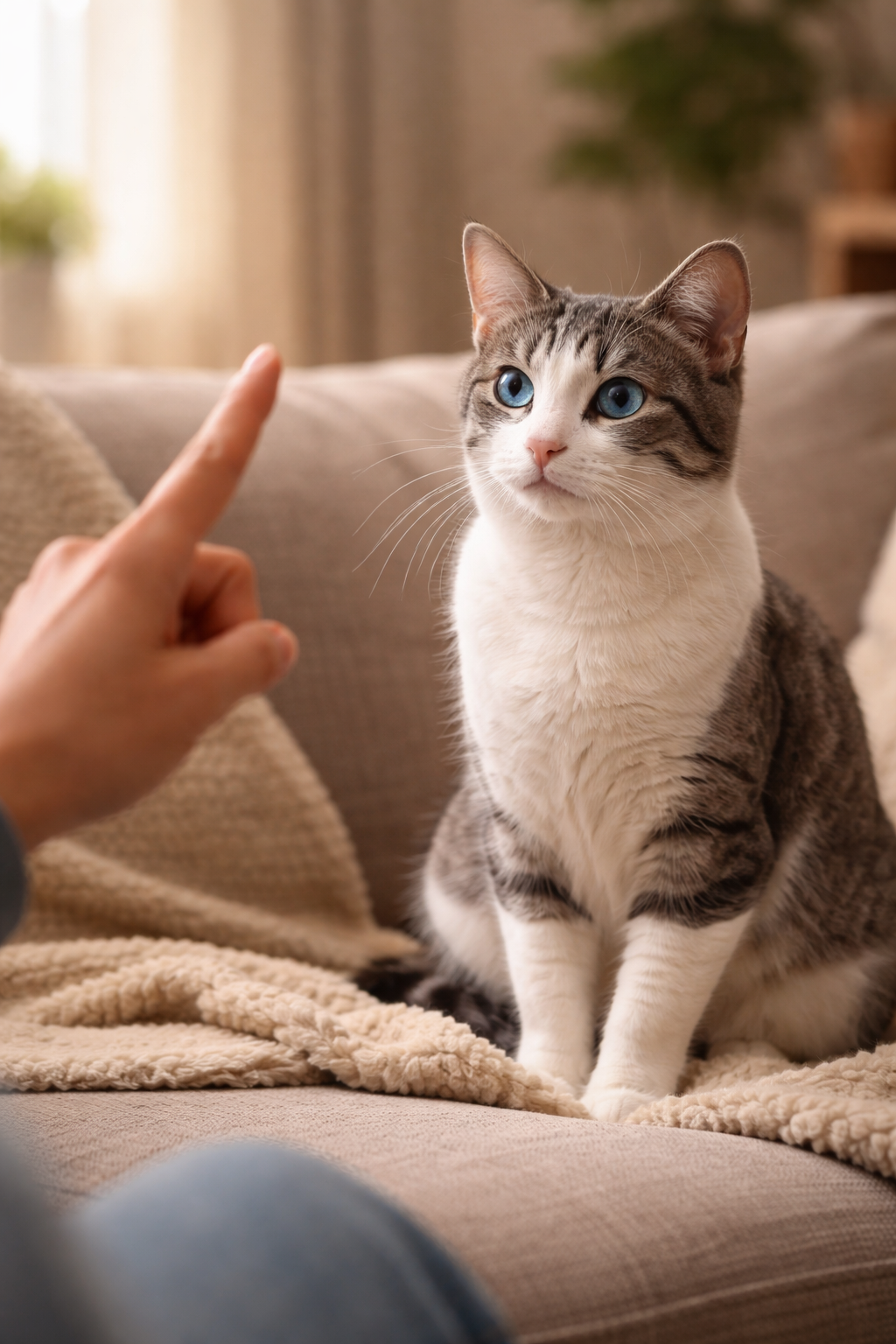 Eine Person kommuniziert mit einer blauäugige Katze durch Handzeichen in einem gemütlichen Wohnzimmer.