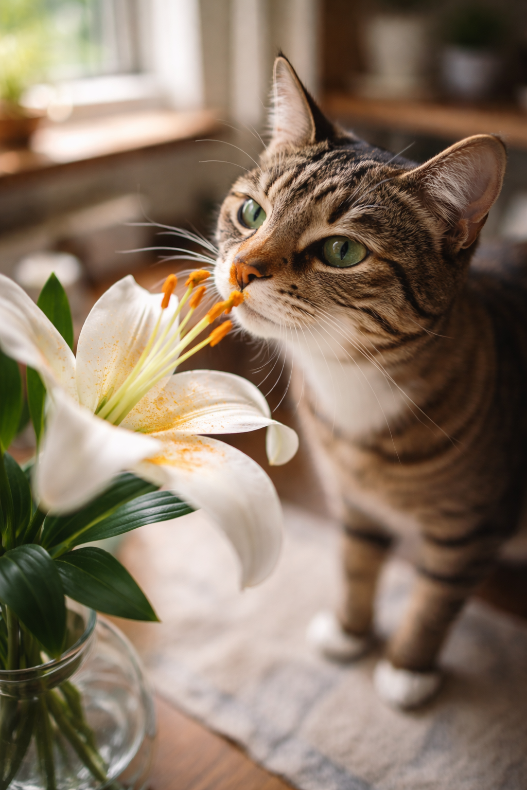 Eine neugierige Katze schnüffelt an einer weißen Lilie, wobei etwas orangefarbener Pollen auf ihrer Nase und ihren Schnurrhaaren sichtbar ist, auf einer Küchentheke mit natürlichem Licht.