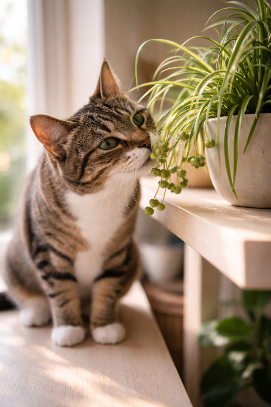 Eine neugierige Katze knabbert vorsichtig an den Samen einer Grünlilie auf einem Regal.