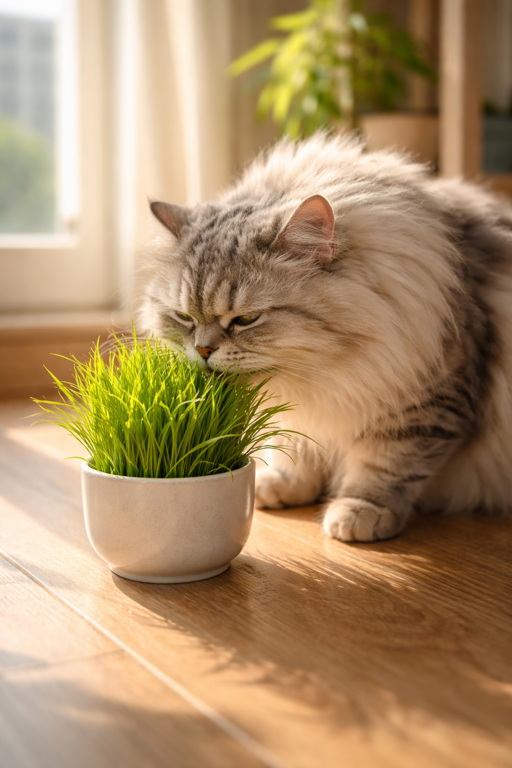 Eine zufriedene Katze frisst frisches Katzengras aus einem Topf auf dem Boden.