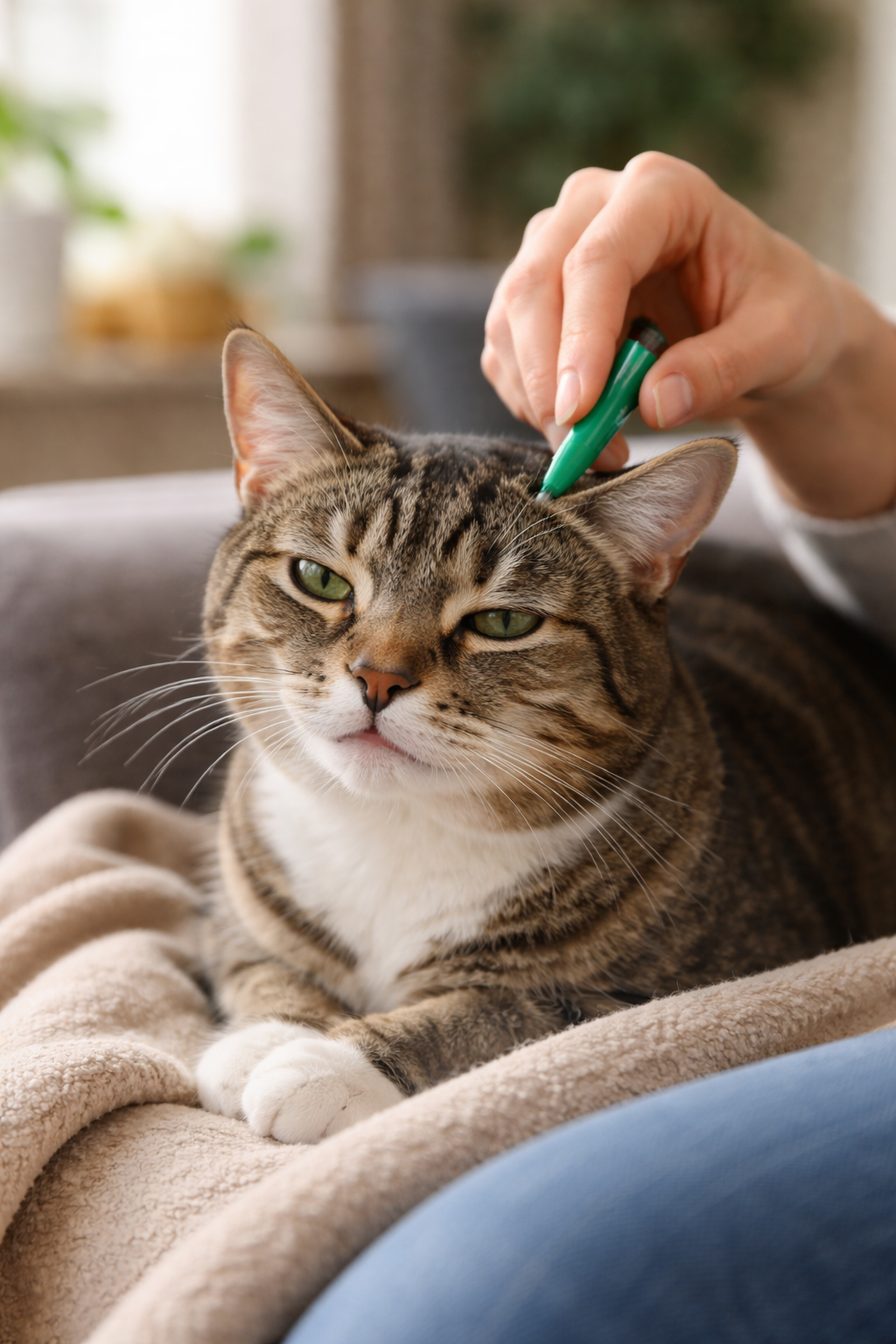 Eine Person trägt einer Katze Flohschutzmittel auf den Nacken auf.