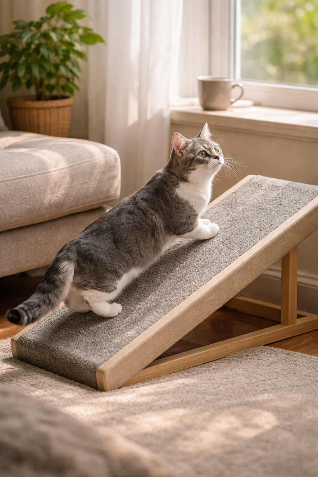 Eine kurzbeinige Munchkin-Katze, die eine Haustierrampe benutzt, um auf eine Fensterbank zu gelangen, was eine barrierearme Wohnungsumgebung veranschaulicht.