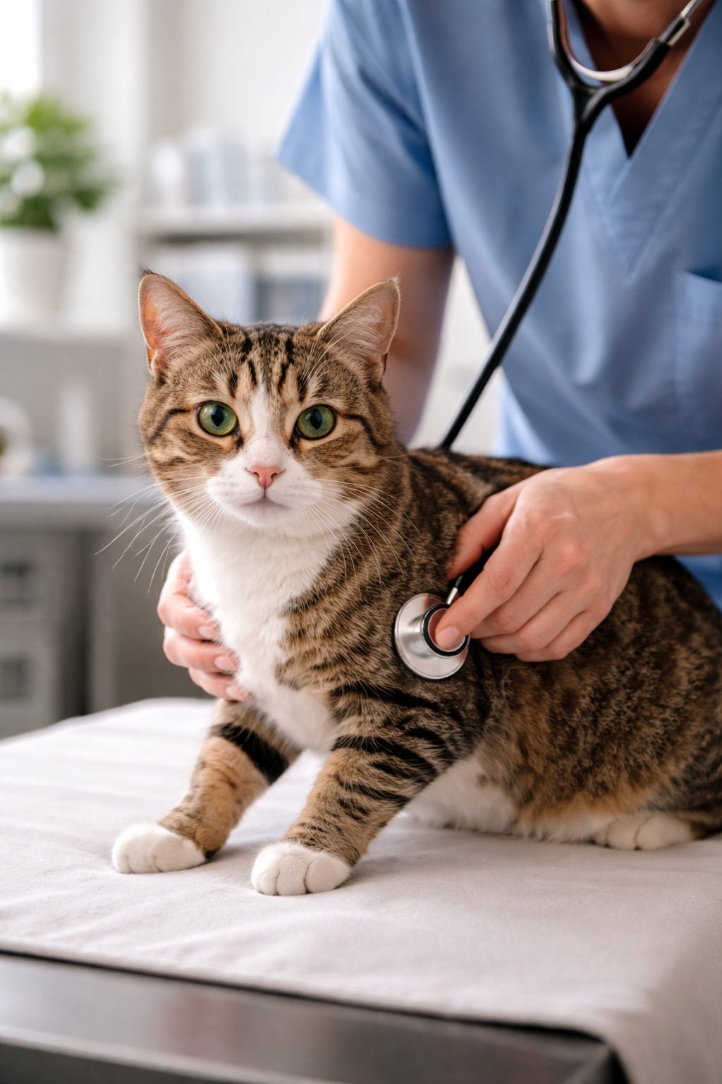 Eine Tierärztin untersucht eine ängstliche, aber kooperative Katze auf einem Untersuchungstisch in einer modernen Tierklinik, was die Notwendigkeit professioneller medizinischer Hilfe bei anhaltenden Symptomen unterstreicht.