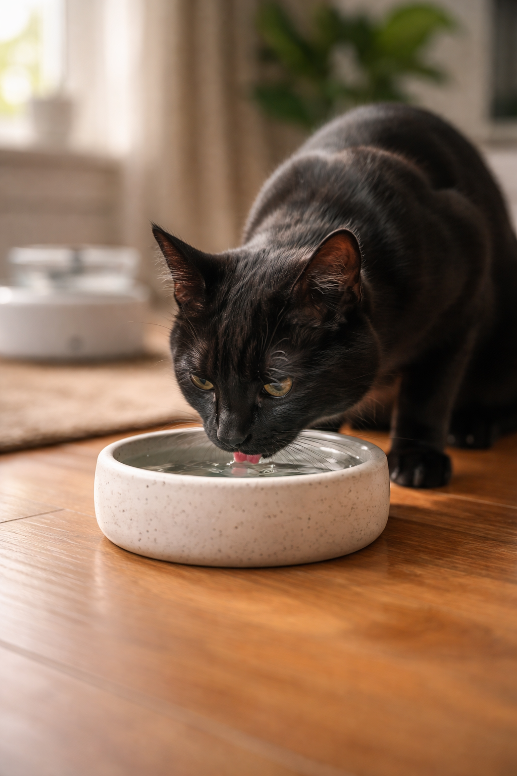 Eine elegante schwarze Katze trinkt Wasser aus einem Keramiknapf auf einem Holzboden in einem gemütlichen Wohnzimmer, mit einem weiteren Wassernapf im Hintergrund, um die Bedeutung mehrerer Trinkquellen für die Hydratation zu zeigen.