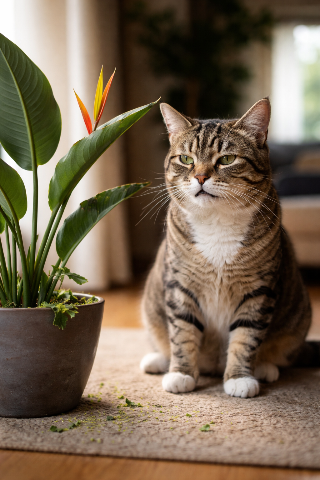 Eine Katze, die Anzeichen von Unwohlsein zeigt, wie leichtes Speicheln, neben einer angeknabberten Strelitzie in einem Wohnzimmer.