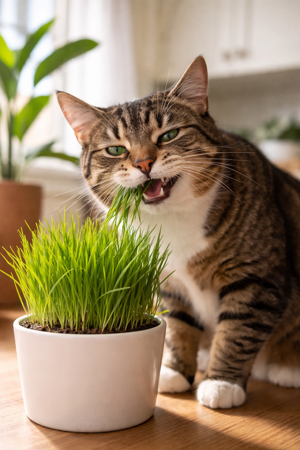 Eine glückliche Katze knabbert an frischem Katzengras, mit einer Strelitzie im unscharfen Hintergrund.