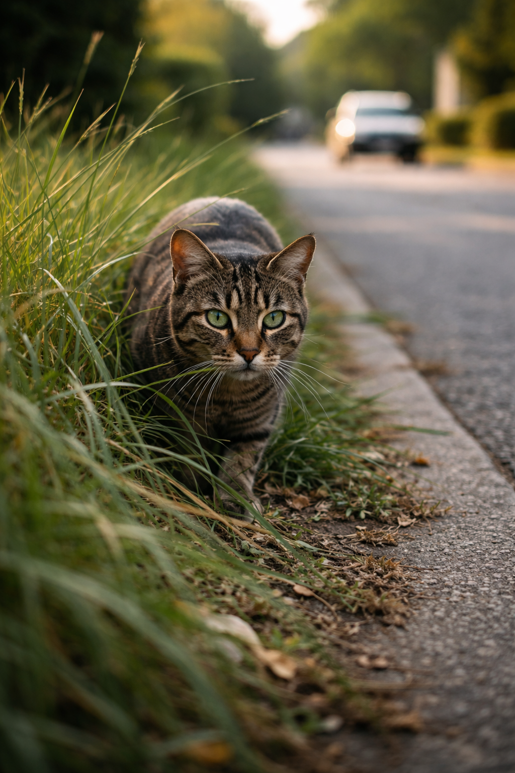 Eine vorsichtige Katze am Rand einer Straße, die die Gefahren des Freigangs illustriert.