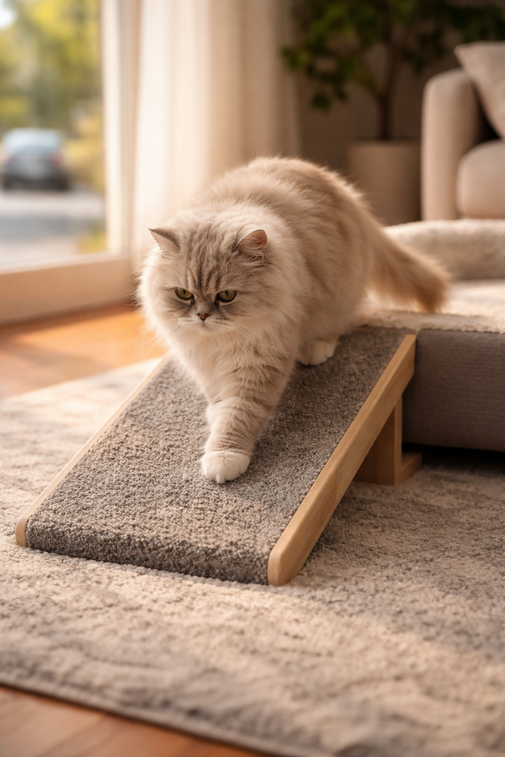 Eine ältere Katze nutzt eine kleine Rampe, um bequem auf ihren weichen Schlafplatz zu gelangen, was ein barrierefreies Zuhause für Seniorenkatzen zeigt.