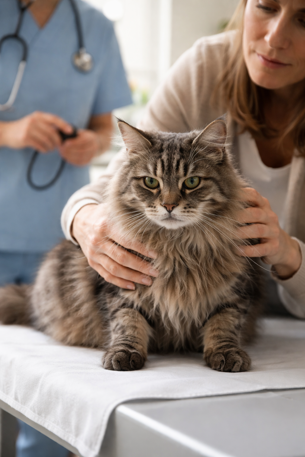 Eine ältere, langhaarige Katze wird von einem besorgten Besitzer in einer Tierarztpraxis gehalten und untersucht, da sie Anzeichen von Unwohlsein zeigt.