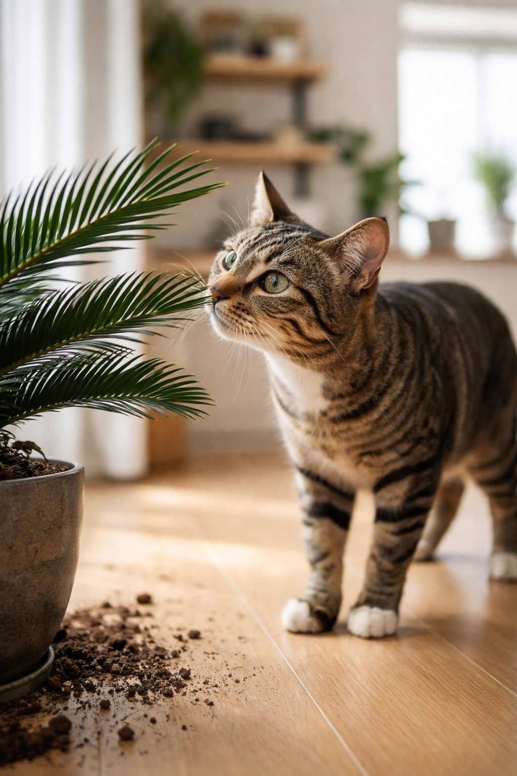 Eine neugierige Katze nähert sich einer Sago-Palme (Cycas revoluta), die für Katzen hochgiftig ist.