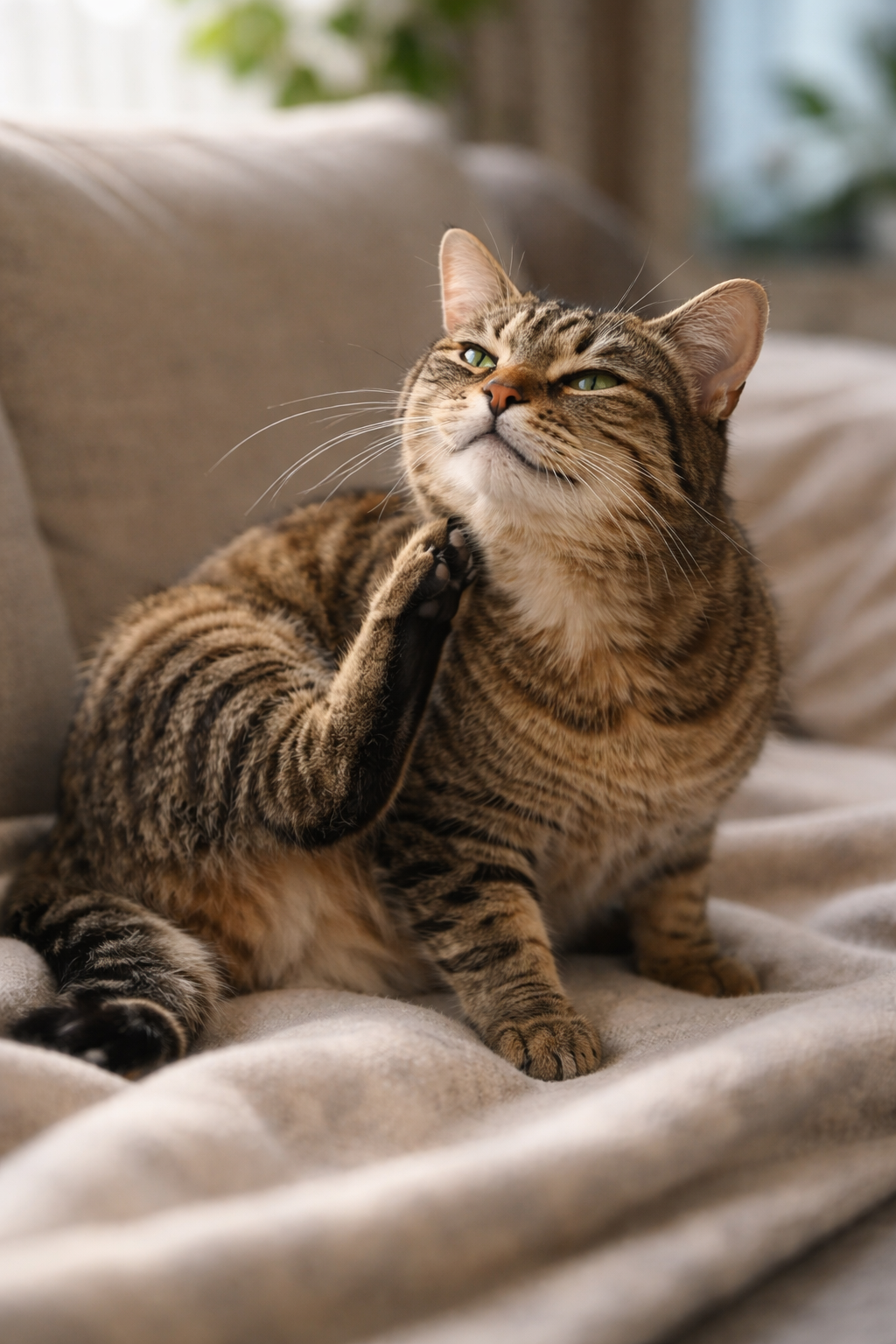 Eine kurzhaarige Tabby-Katze kratzt sich intensiv am Hals auf einem Sofa, was auf Juckreiz oder Hautirritationen hindeutet.
