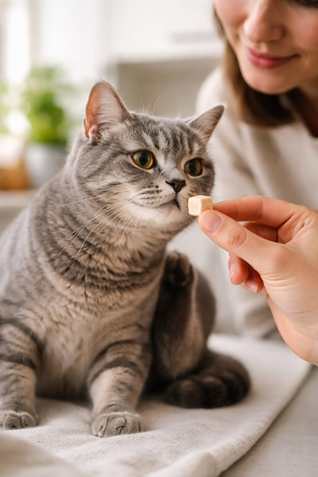 Eine menschliche Hand bietet einer neugierigen Katze vorsichtig einen neuen, kleinen Snack an, während die Reaktion beobachtet wird.