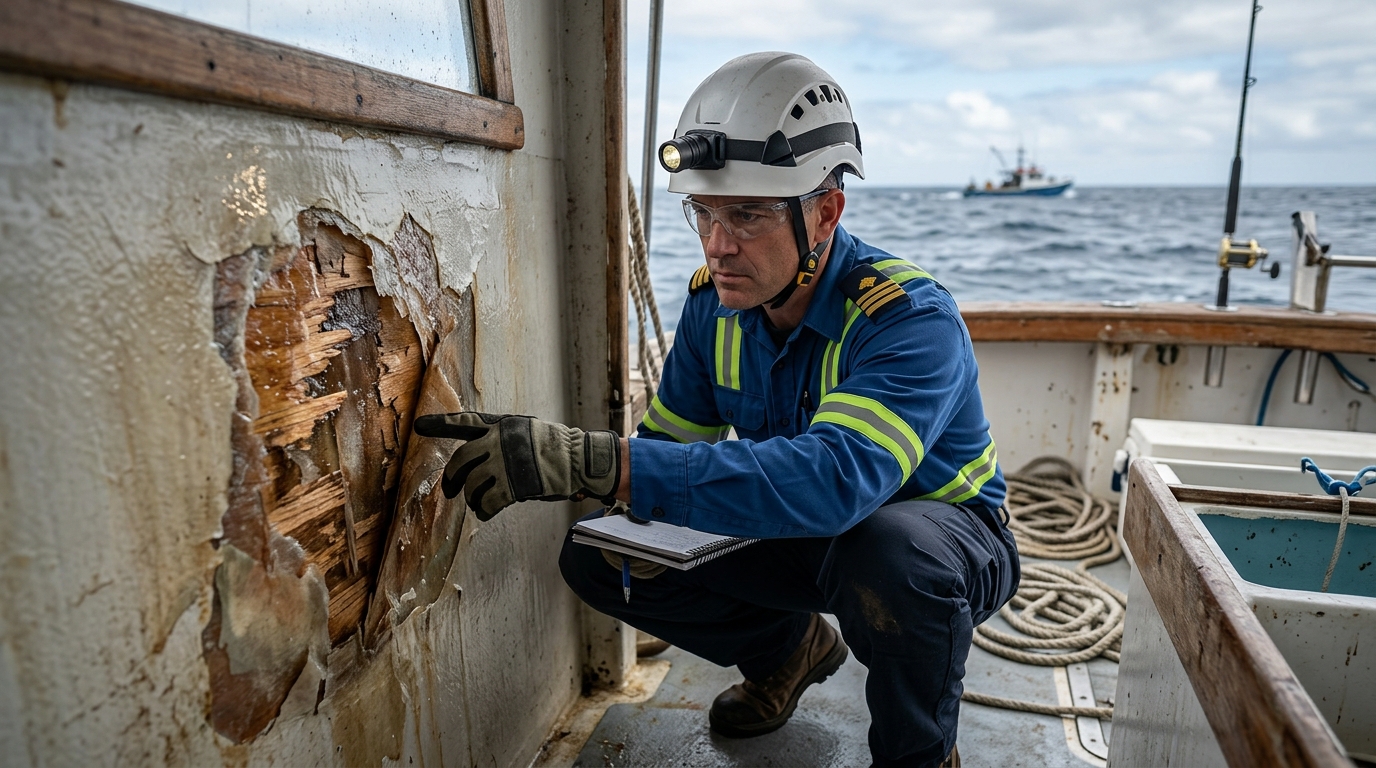 Inspecting damaged core material of GRP vessel